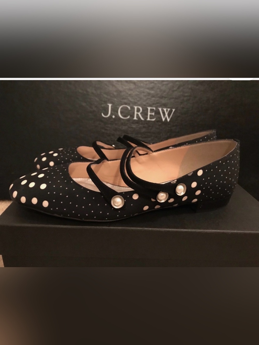 J.Crew Pearl Polka Dot Mary Jane Flats Black White Ballet Shoes size 6